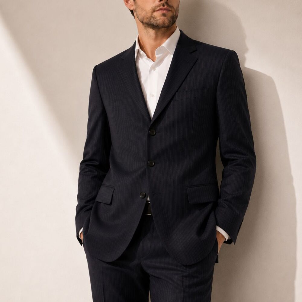 Calvin Klein Mens 40R Black Pinstripe 100% Wool Blazer Suit Jacket Career Formal